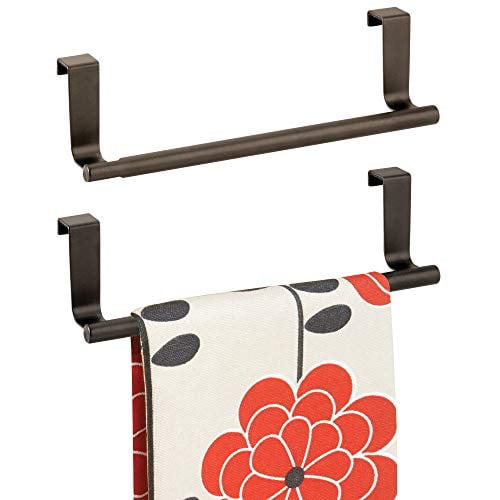 mDesign Decorative Metal Kitchen Over Cabinet Towel Bar Hang on Inside or Outside of Doors Red 9.2 Wide and Tea Towels Dish Storage and Display Rack for Hand 